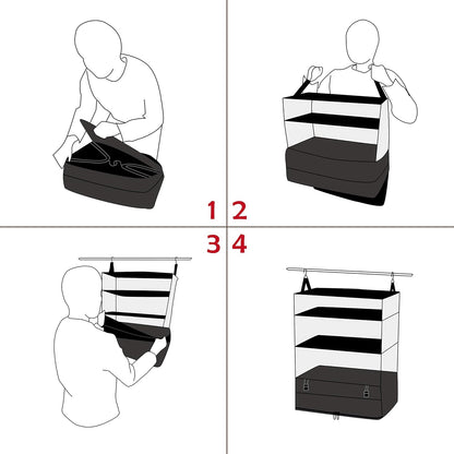 Hanging Packing Cubes Portable Travel Closet Collapsible Compression Clothes Organizer with Built in Shelves for Carry-on Luggage Suitcase Wardrobe X-Large_17.1 * 11.8 * 24.4 IN, Black
