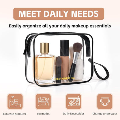 Clear Makeup Bag,2 Pack TSA Approved Toiletry Bag Travel Toiletry Bag Hanging Makeup Cosmetic bag for Women Men (Black).