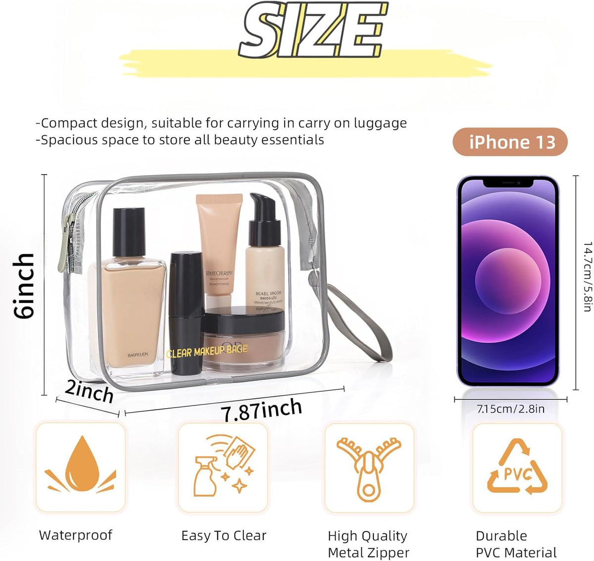 Clear Makeup Bag,2 Pack TSA Approved Toiletry Bag Travel Toiletry Bag Hanging Makeup Cosmetic bag for Women Men (Black).