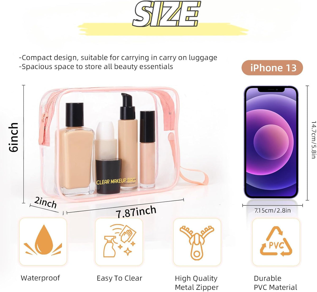 Clear Makeup Bag,2 Pack TSA Approved Toiletry Bag Travel Toiletry Bag Hanging Makeup Cosmetic bag for Women Men (Black).