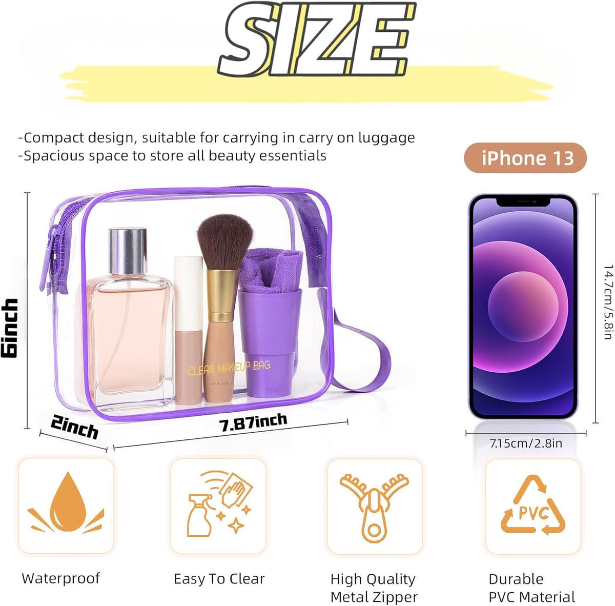 Clear Makeup Bag,2 Pack TSA Approved Toiletry Bag Travel Toiletry Bag Hanging Makeup Cosmetic bag for Women Men (Black).