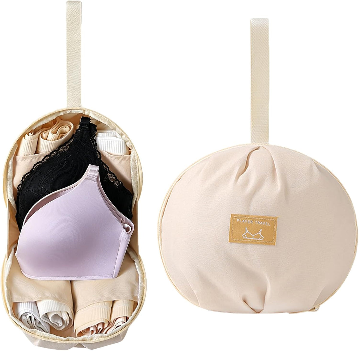Lingerie Storage Bag Set, 2026 New Multi-Compartment Portable Travel Underwear Organizer Bag for Women, Spherical Underwear Packing Cube with Handle, Bra and Sock Travel Case (Beige)