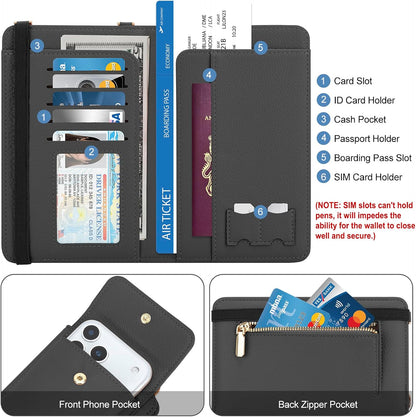 Leather Passport Wallet Crossbody Phone Bag, RFID Blocking Passport Holder Credit Cards Case for Women