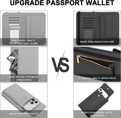 Leather Passport Wallet Crossbody Phone Bag, RFID Blocking Passport Holder Credit Cards Case for Women