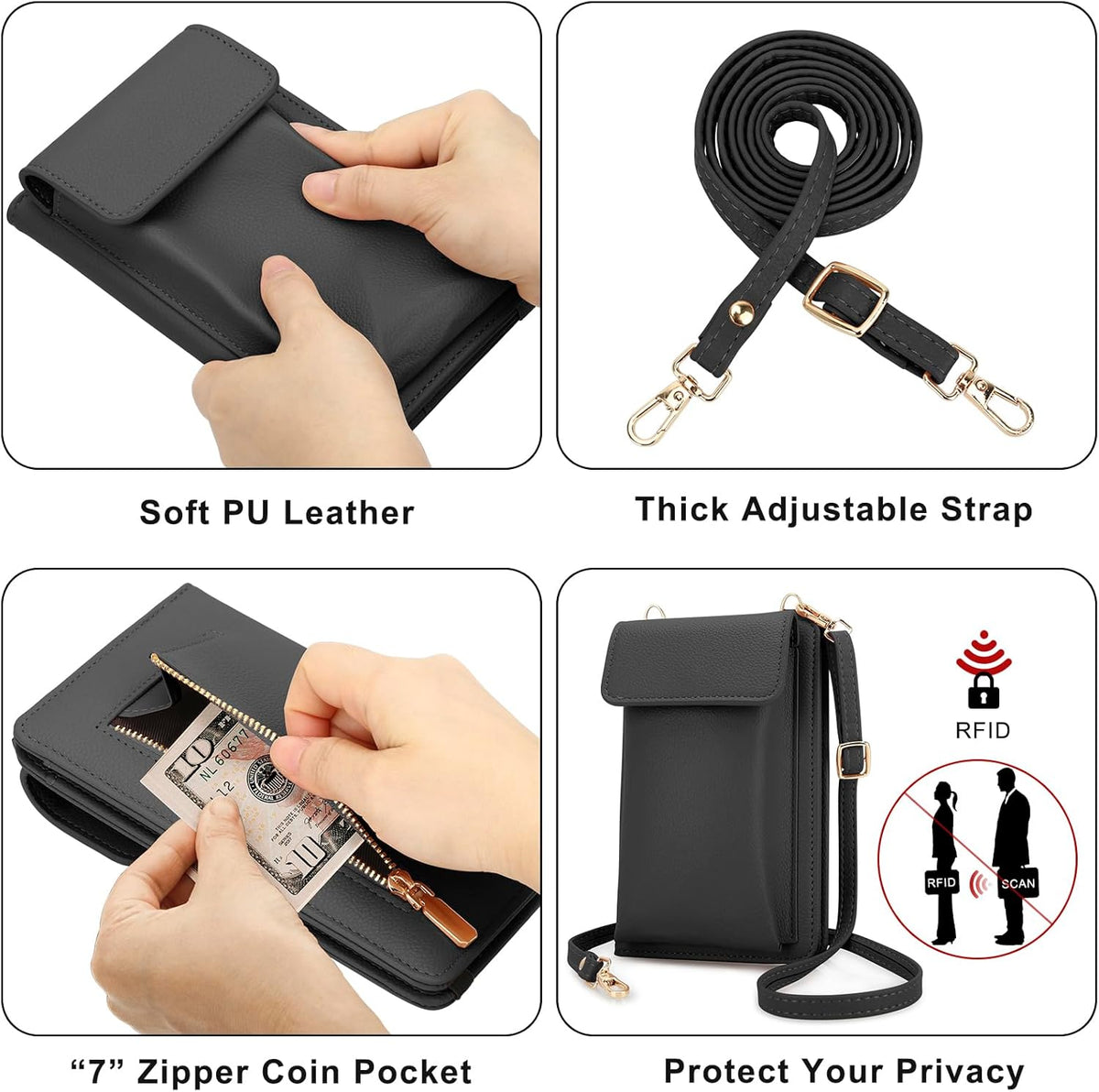 Leather Passport Wallet Crossbody Phone Bag, RFID Blocking Passport Holder Credit Cards Case for Women