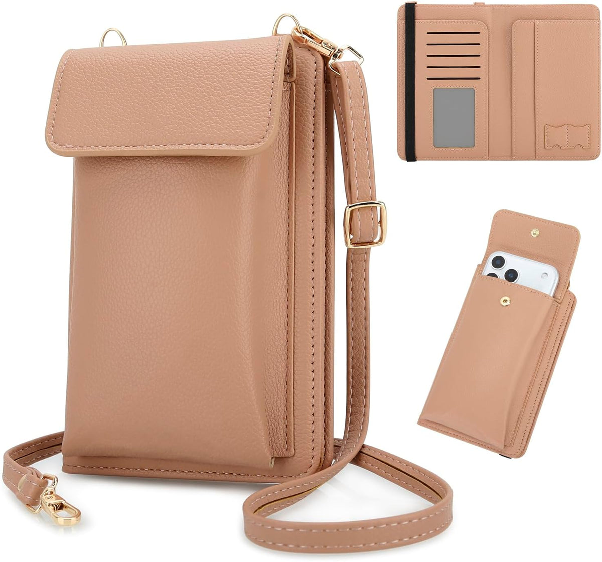 Leather Passport Wallet Crossbody Phone Bag, RFID Blocking Passport Holder Credit Cards Case for Women