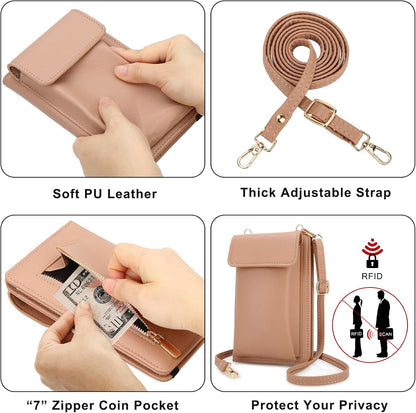 Leather Passport Wallet Crossbody Phone Bag, RFID Blocking Passport Holder Credit Cards Case for Women