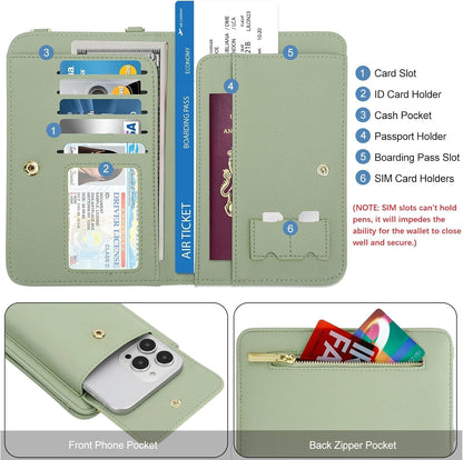 Leather Passport Wallet Crossbody Phone Bag, RFID Blocking Passport Holder Credit Cards Case for Women