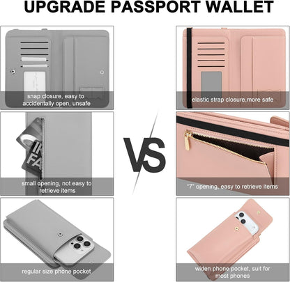 Leather Passport Wallet Crossbody Phone Bag, RFID Blocking Passport Holder Credit Cards Case for Women