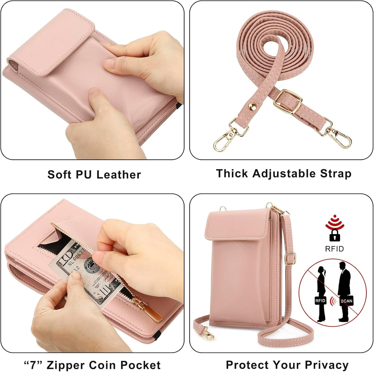 Leather Passport Wallet Crossbody Phone Bag, RFID Blocking Passport Holder Credit Cards Case for Women