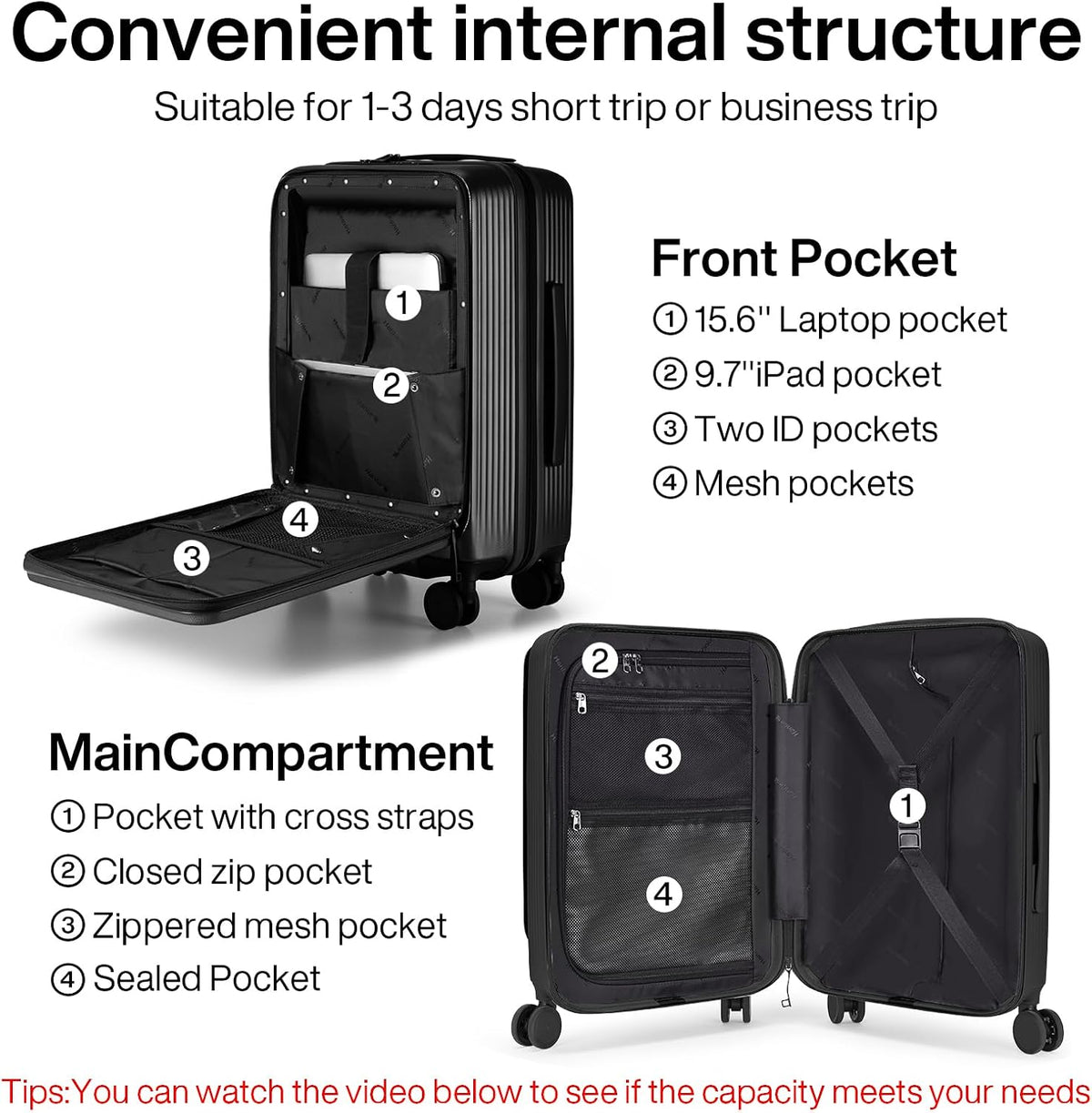 20 Inch Carry On Luggage Airline Approved Hard Shell Suitcases with Wheels & Front Pocket Travel Luggage Lightweight Carry On Suitcase for Travel Rolling Luggage(Grayish white)