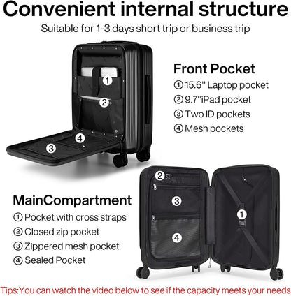 20 Inch Carry On Luggage Airline Approved Hard Shell Suitcases with Wheels & Front Pocket Travel Luggage Lightweight Carry On Suitcase for Travel Rolling Luggage(Grayish white)