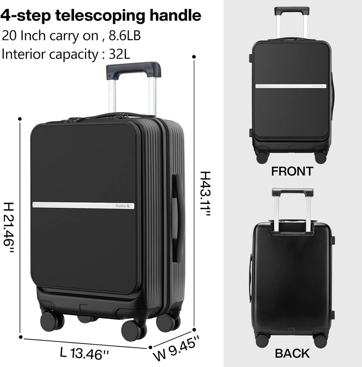 20 Inch Carry On Luggage Airline Approved Hard Shell Suitcases with Wheels & Front Pocket Travel Luggage Lightweight Carry On Suitcase for Travel Rolling Luggage(Grayish white)
