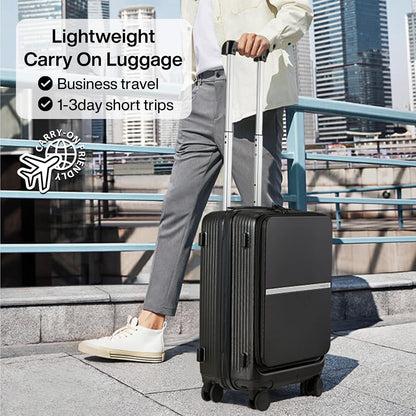 20 Inch Carry On Luggage Airline Approved Hard Shell Suitcases with Wheels & Front Pocket Travel Luggage Lightweight Carry On Suitcase for Travel Rolling Luggage(Grayish white)