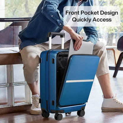 20 Inch Carry On Luggage Airline Approved Hard Shell Suitcases with Wheels & Front Pocket Travel Luggage Lightweight Carry On Suitcase for Travel Rolling Luggage(Grayish white)