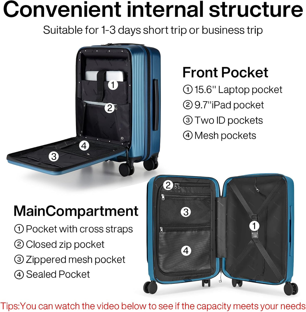 20 Inch Carry On Luggage Airline Approved Hard Shell Suitcases with Wheels & Front Pocket Travel Luggage Lightweight Carry On Suitcase for Travel Rolling Luggage(Grayish white)