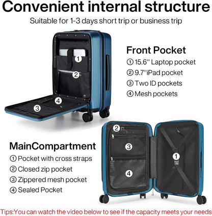 20 Inch Carry On Luggage Airline Approved Hard Shell Suitcases with Wheels & Front Pocket Travel Luggage Lightweight Carry On Suitcase for Travel Rolling Luggage(Grayish white)