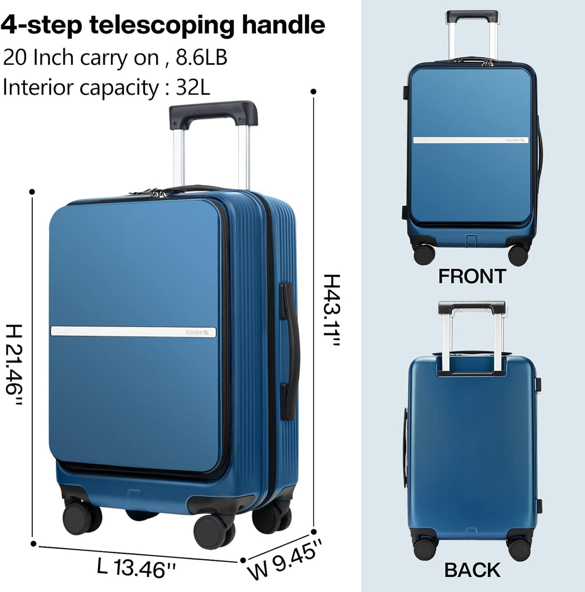 20 Inch Carry On Luggage Airline Approved Hard Shell Suitcases with Wheels & Front Pocket Travel Luggage Lightweight Carry On Suitcase for Travel Rolling Luggage(Grayish white)