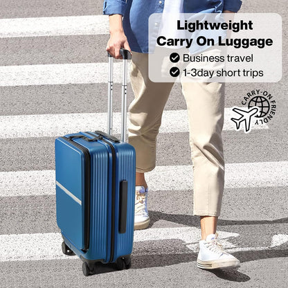 20 Inch Carry On Luggage Airline Approved Hard Shell Suitcases with Wheels & Front Pocket Travel Luggage Lightweight Carry On Suitcase for Travel Rolling Luggage(Grayish white)