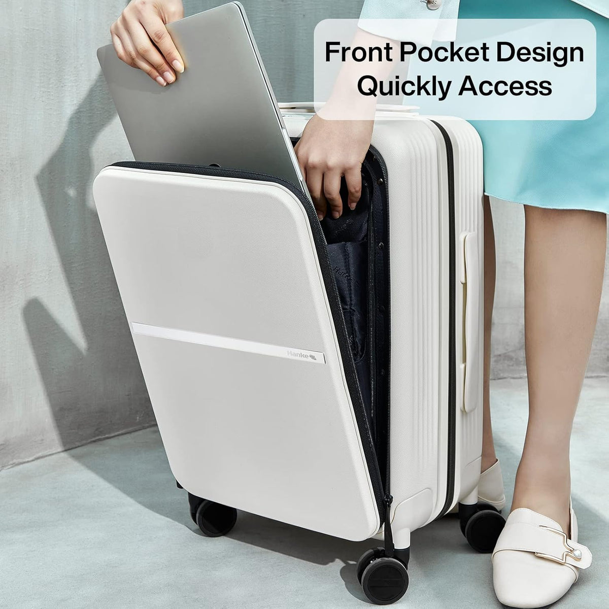 20 Inch Carry On Luggage Airline Approved Hard Shell Suitcases with Wheels & Front Pocket Travel Luggage Lightweight Carry On Suitcase for Travel Rolling Luggage(Grayish white)