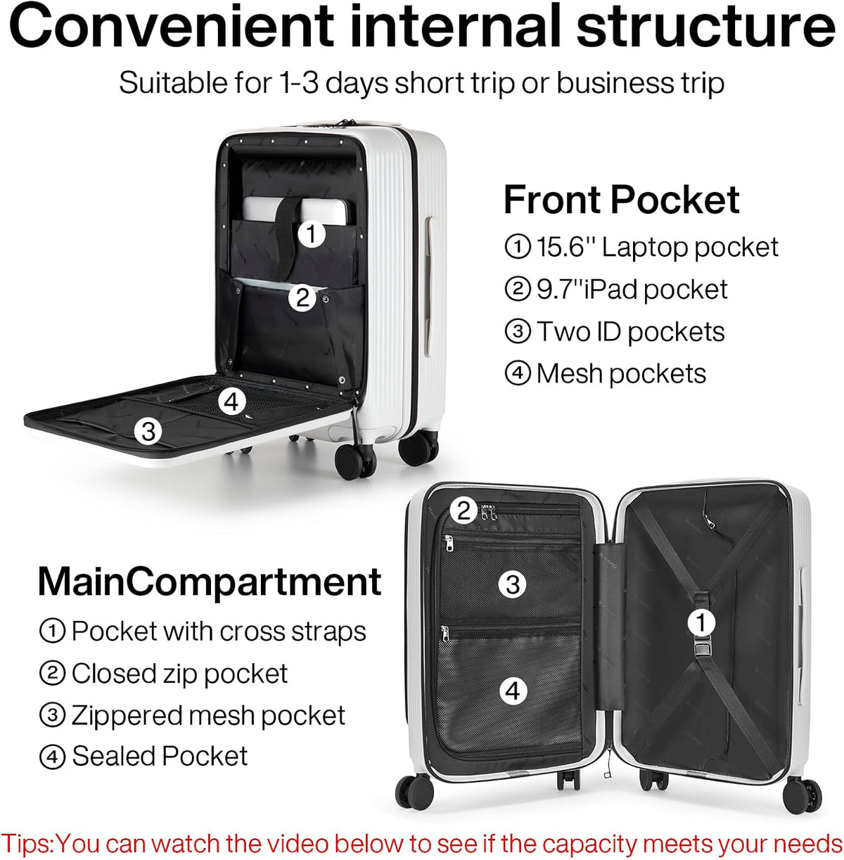 20 Inch Carry On Luggage Airline Approved Hard Shell Suitcases with Wheels & Front Pocket Travel Luggage Lightweight Carry On Suitcase for Travel Rolling Luggage(Grayish white)