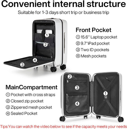 20 Inch Carry On Luggage Airline Approved Hard Shell Suitcases with Wheels & Front Pocket Travel Luggage Lightweight Carry On Suitcase for Travel Rolling Luggage(Grayish white)