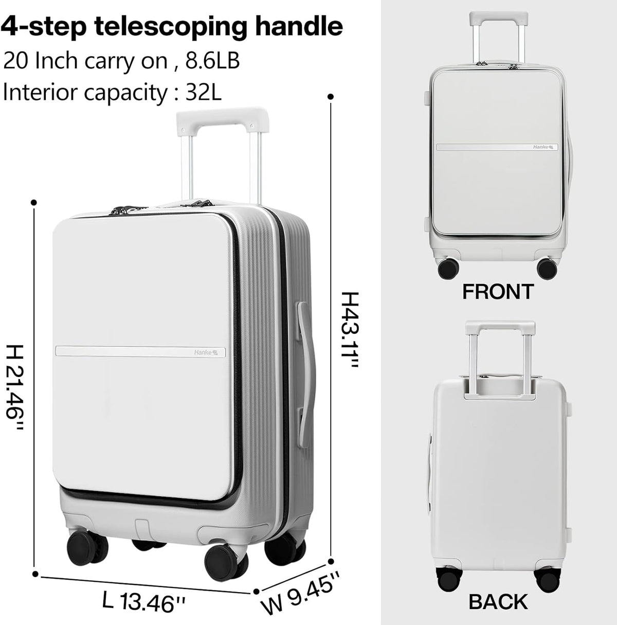 20 Inch Carry On Luggage Airline Approved Hard Shell Suitcases with Wheels & Front Pocket Travel Luggage Lightweight Carry On Suitcase for Travel Rolling Luggage(Grayish white)