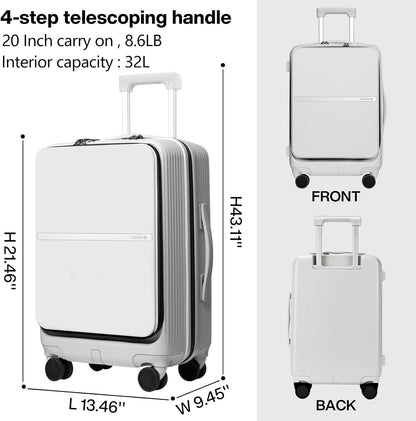 20 Inch Carry On Luggage Airline Approved Hard Shell Suitcases with Wheels & Front Pocket Travel Luggage Lightweight Carry On Suitcase for Travel Rolling Luggage(Grayish white)