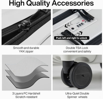 20 Inch Carry On Luggage Airline Approved Hard Shell Suitcases with Wheels & Front Pocket Travel Luggage Lightweight Carry On Suitcase for Travel Rolling Luggage(Grayish white)