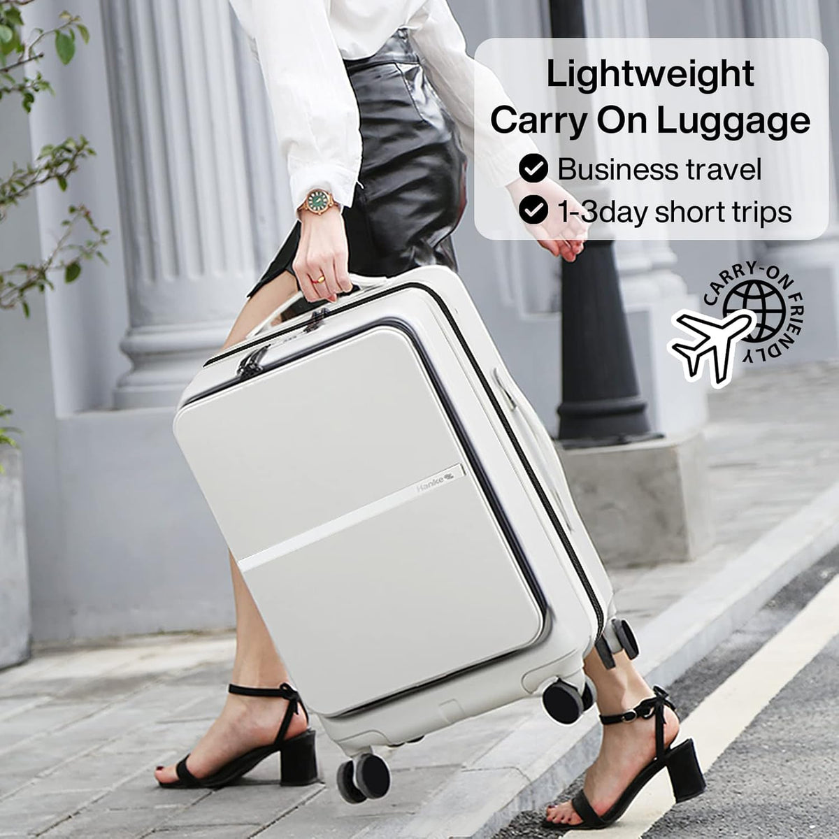 20 Inch Carry On Luggage Airline Approved Hard Shell Suitcases with Wheels & Front Pocket Travel Luggage Lightweight Carry On Suitcase for Travel Rolling Luggage(Grayish white)
