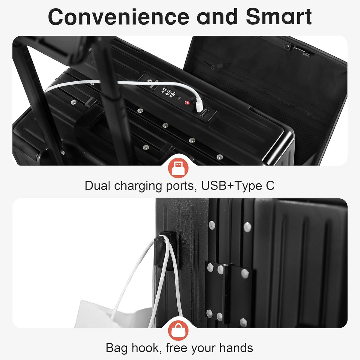 Carry On Luggage 20 Inch, Aluminum Frame Zipperless Luggage, ABS+PC Hard Shell Suitcases, Carry On with Compartment for Short Trips, Suitcase Carry-on TSA Approved (Black)