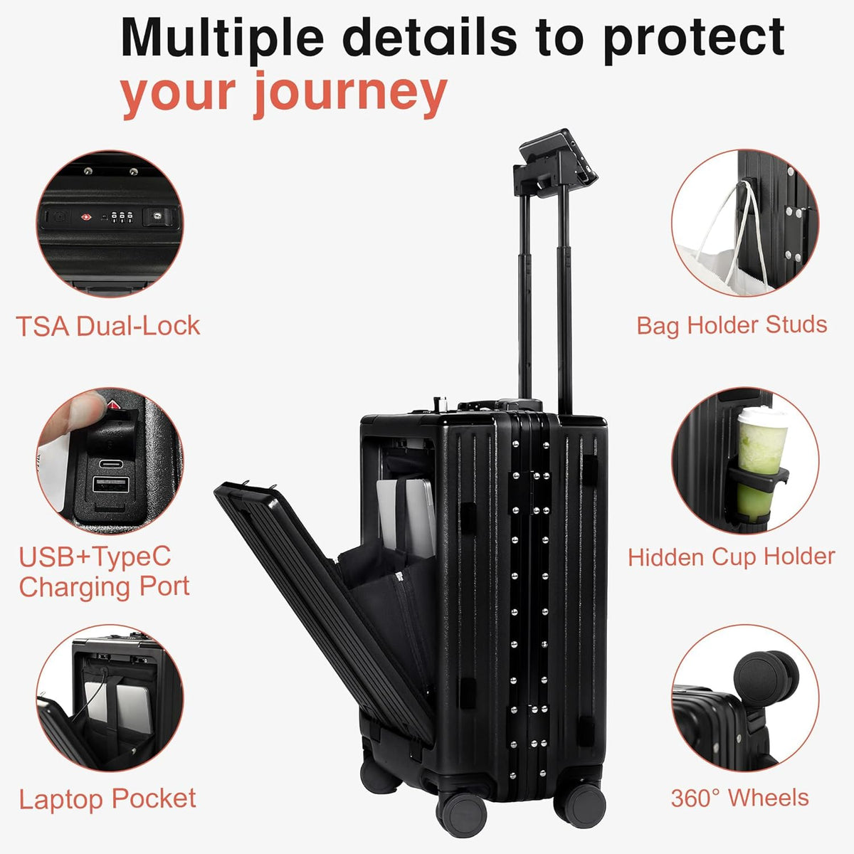 Carry On Luggage 20 Inch, Aluminum Frame Zipperless Luggage, ABS+PC Hard Shell Suitcases, Carry On with Compartment for Short Trips, Suitcase Carry-on TSA Approved (Black)