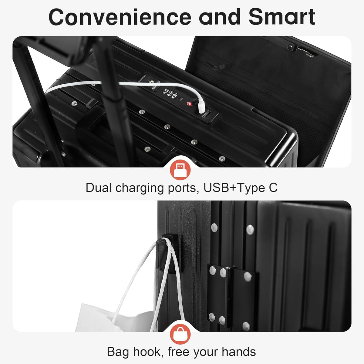 Carry On Luggage 20 Inch, Aluminum Frame Zipperless Luggage, ABS+PC Hard Shell Suitcases, Carry On with Compartment for Short Trips, Suitcase Carry-on TSA Approved (Black)