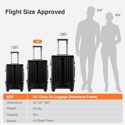 Carry On Luggage 20 Inch, Aluminum Frame Zipperless Luggage, ABS+PC Hard Shell Suitcases, Carry On with Compartment for Short Trips, Suitcase Carry-on TSA Approved (Black)
