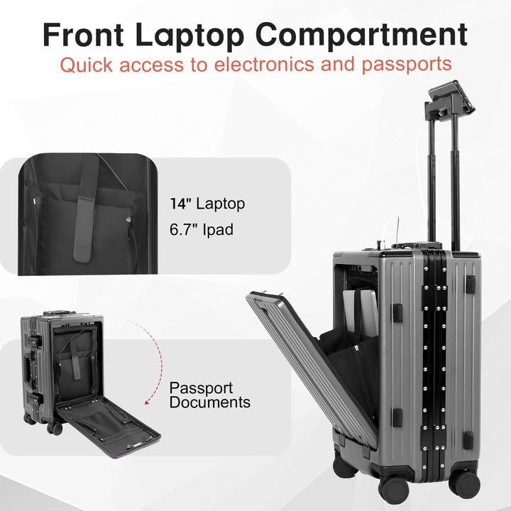 Carry On Luggage 20 Inch, Aluminum Frame Zipperless Luggage, ABS+PC Hard Shell Suitcases, Carry On with Compartment for Short Trips, Suitcase Carry-on TSA Approved (Black)