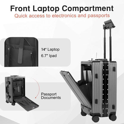 Carry On Luggage 20 Inch, Aluminum Frame Zipperless Luggage, ABS+PC Hard Shell Suitcases, Carry On with Compartment for Short Trips, Suitcase Carry-on TSA Approved (Black)
