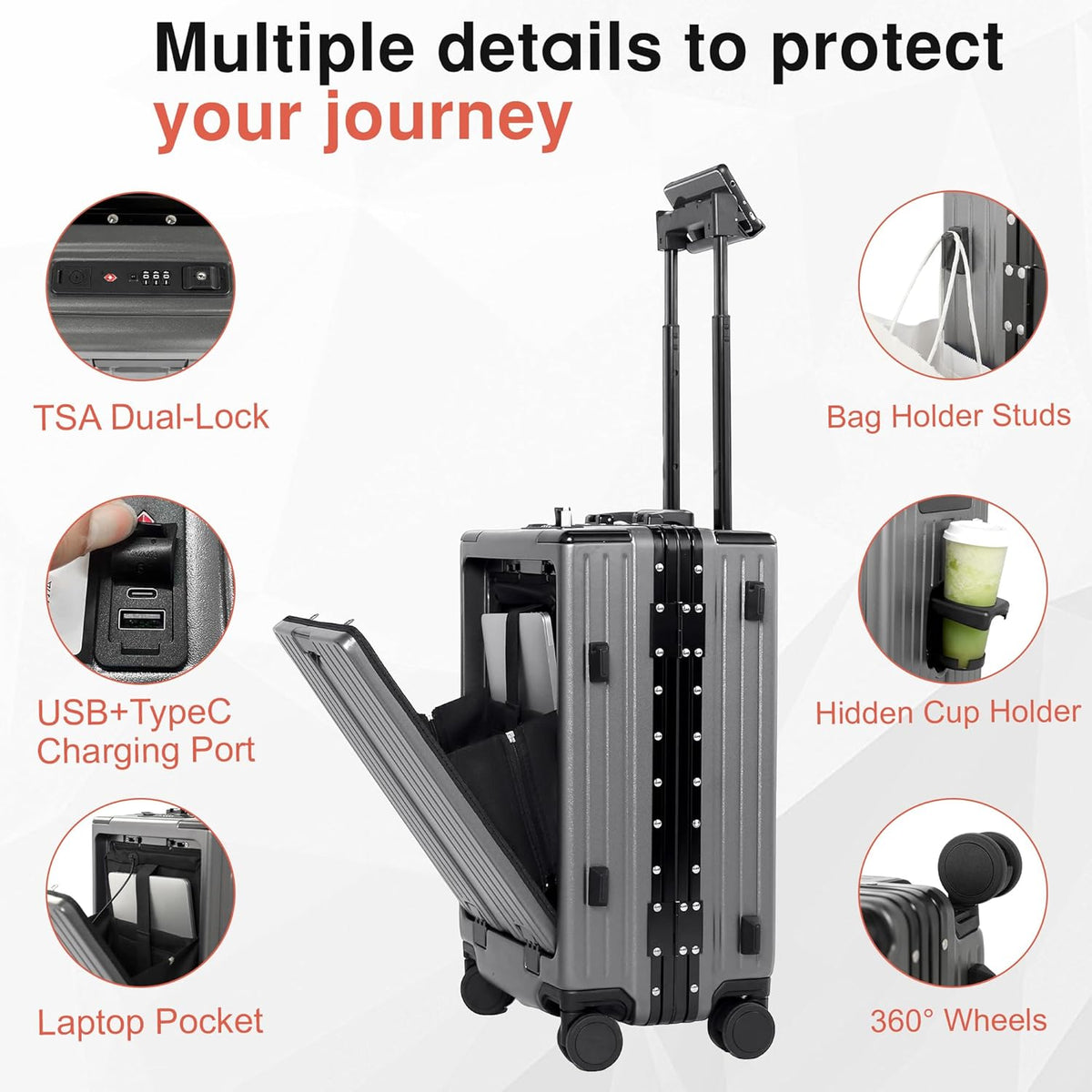 Carry On Luggage 20 Inch, Aluminum Frame Zipperless Luggage, ABS+PC Hard Shell Suitcases, Carry On with Compartment for Short Trips, Suitcase Carry-on TSA Approved (Black)