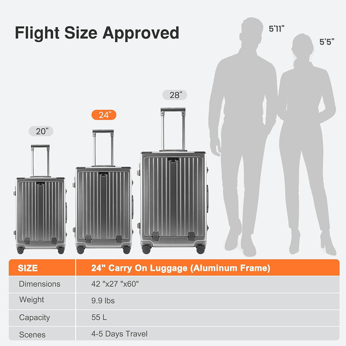 Carry On Luggage 20 Inch, Aluminum Frame Zipperless Luggage, ABS+PC Hard Shell Suitcases, Carry On with Compartment for Short Trips, Suitcase Carry-on TSA Approved (Black)