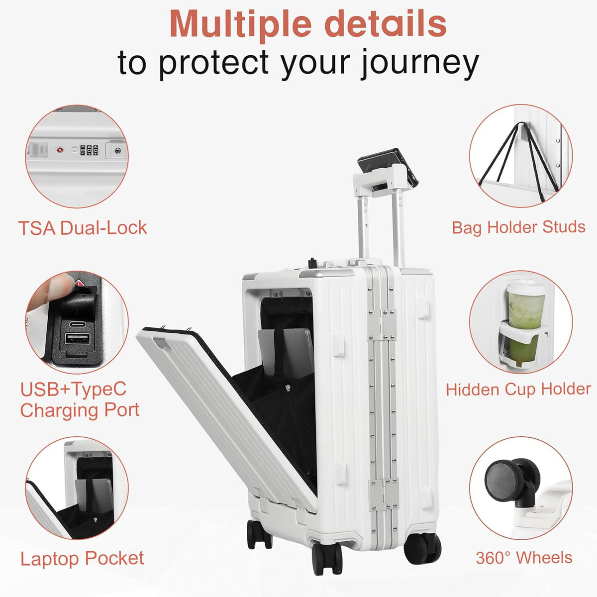 Carry On Luggage 20 Inch, Aluminum Frame Zipperless Luggage, ABS+PC Hard Shell Suitcases, Carry On with Compartment for Short Trips, Suitcase Carry-on TSA Approved (Black)