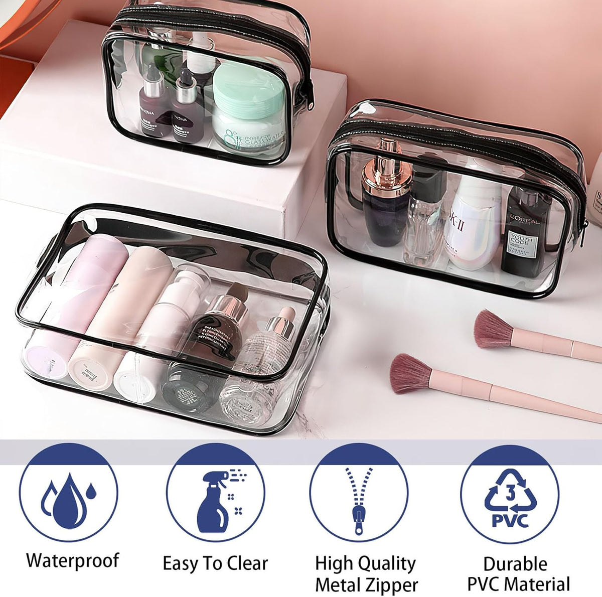 6 Pieces Clear Cosmetics Bag Bulk, TSA Approved Toiletry Bag for Travel, Zippered Clear Pouch Cosmetic Makeup Bag Waterproof Vinyl Plastic Organizer Case for Vacation Bathroom (Large)
