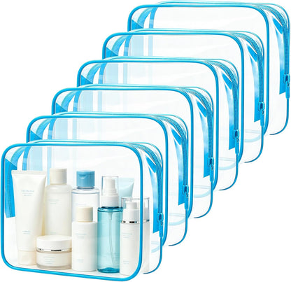 6 Pieces Clear Cosmetics Bag Bulk, TSA Approved Toiletry Bag for Travel, Zippered Clear Pouch Cosmetic Makeup Bag Waterproof Vinyl Plastic Organizer Case for Vacation Bathroom (Large)