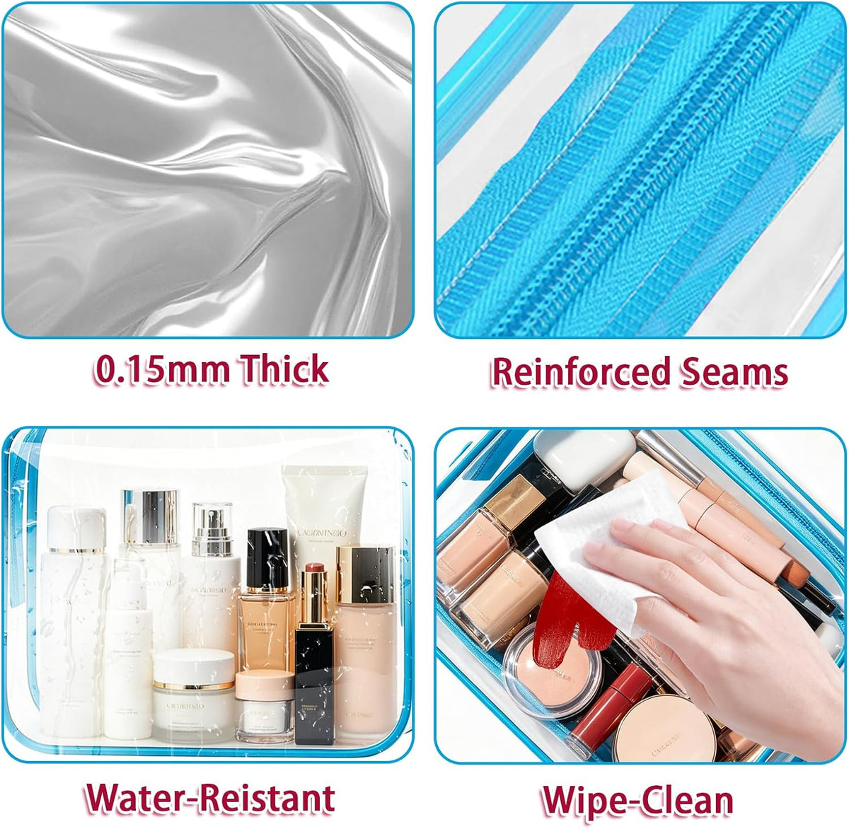 6 Pieces Clear Cosmetics Bag Bulk, TSA Approved Toiletry Bag for Travel, Zippered Clear Pouch Cosmetic Makeup Bag Waterproof Vinyl Plastic Organizer Case for Vacation Bathroom (Large)
