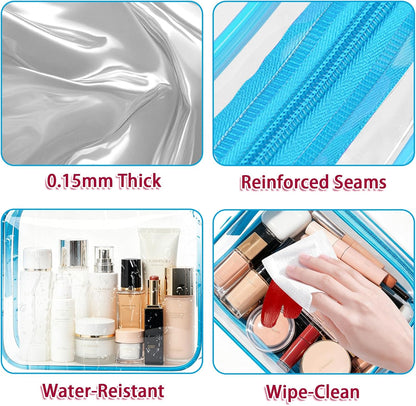 6 Pieces Clear Cosmetics Bag Bulk, TSA Approved Toiletry Bag for Travel, Zippered Clear Pouch Cosmetic Makeup Bag Waterproof Vinyl Plastic Organizer Case for Vacation Bathroom (Large)
