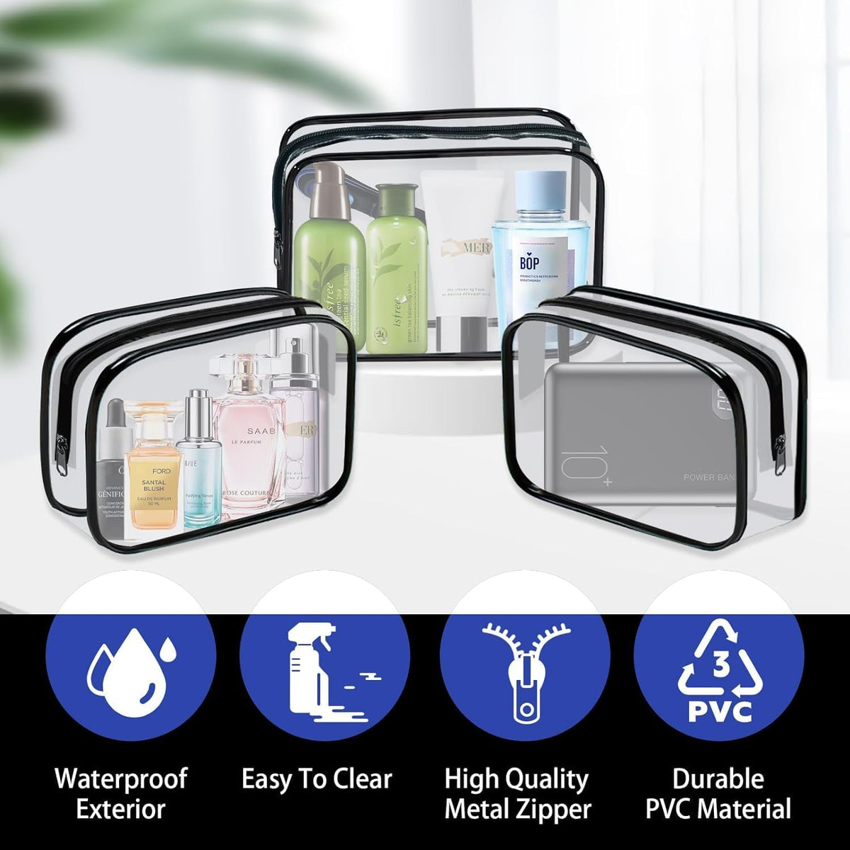 6 Pieces Clear Cosmetics Bag Bulk, TSA Approved Toiletry Bag for Travel, Zippered Clear Pouch Cosmetic Makeup Bag Waterproof Vinyl Plastic Organizer Case for Vacation Bathroom (Large)