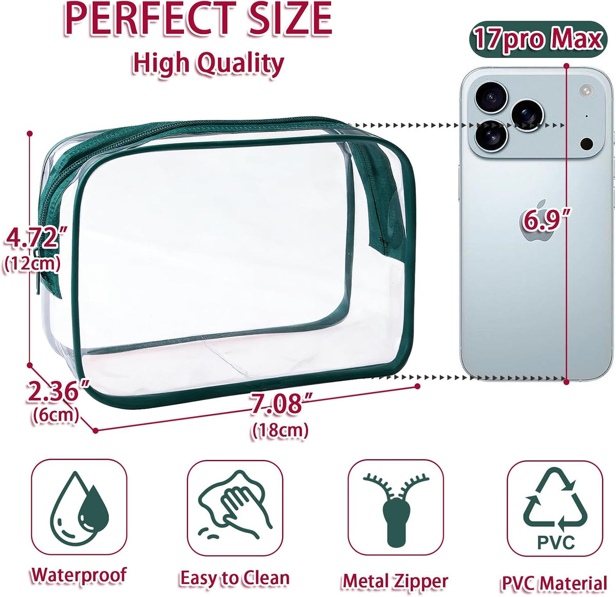 6 Pieces Clear Cosmetics Bag Bulk, TSA Approved Toiletry Bag for Travel, Zippered Clear Pouch Cosmetic Makeup Bag Waterproof Vinyl Plastic Organizer Case for Vacation Bathroom (Large)