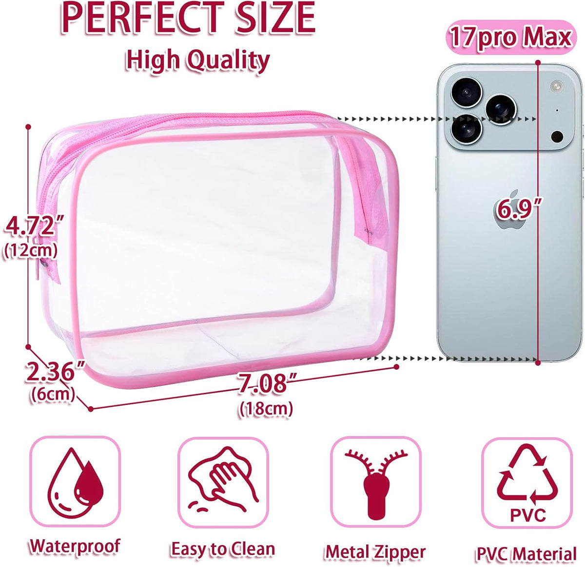 6 Pieces Clear Cosmetics Bag Bulk, TSA Approved Toiletry Bag for Travel, Zippered Clear Pouch Cosmetic Makeup Bag Waterproof Vinyl Plastic Organizer Case for Vacation Bathroom (Large)