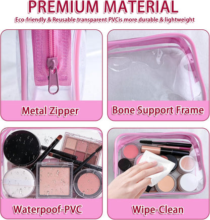 6 Pieces Clear Cosmetics Bag Bulk, TSA Approved Toiletry Bag for Travel, Zippered Clear Pouch Cosmetic Makeup Bag Waterproof Vinyl Plastic Organizer Case for Vacation Bathroom (Large)