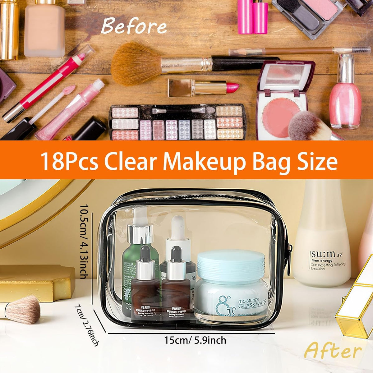 6 Pieces Clear Cosmetics Bag Bulk, TSA Approved Toiletry Bag for Travel, Zippered Clear Pouch Cosmetic Makeup Bag Waterproof Vinyl Plastic Organizer Case for Vacation Bathroom (Large)