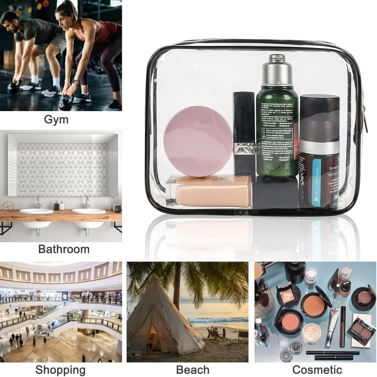 6 Pieces Clear Cosmetics Bag Bulk, TSA Approved Toiletry Bag for Travel, Zippered Clear Pouch Cosmetic Makeup Bag Waterproof Vinyl Plastic Organizer Case for Vacation Bathroom (Large)