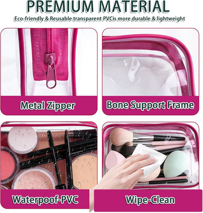 6 Pieces Clear Cosmetics Bag Bulk, TSA Approved Toiletry Bag for Travel, Zippered Clear Pouch Cosmetic Makeup Bag Waterproof Vinyl Plastic Organizer Case for Vacation Bathroom (Large)